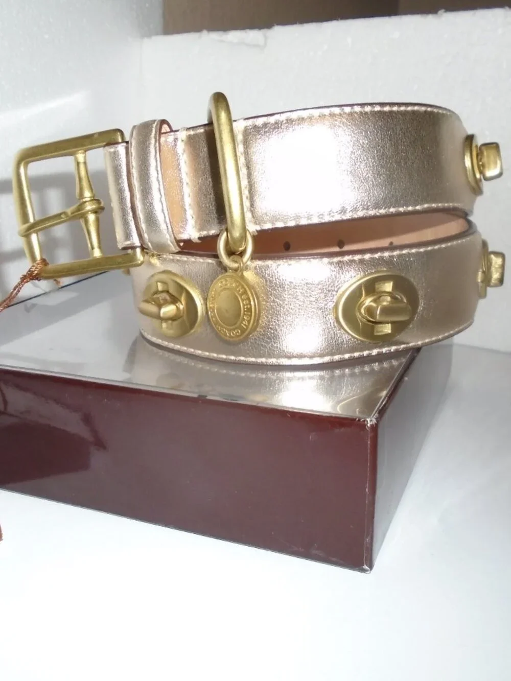NEW VINTAGE Y2K COACH GOLD LEATHER BRASS TURNLOCK PET DOG COLLAR 60095 SIZE XL